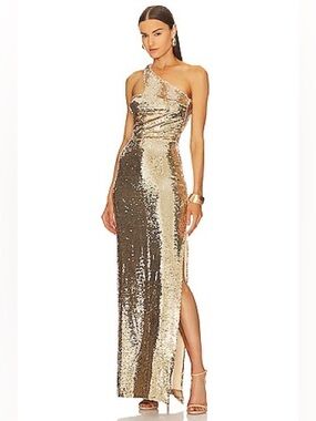 Amanda Uprichard Gold Sequin One Shoulder Cut-Out Maxi Dress NWT
